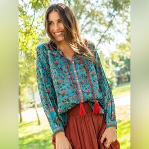 Natural Life Francesca Cotton Blouse Turquoise Blue XL Long Sleeve Tassle